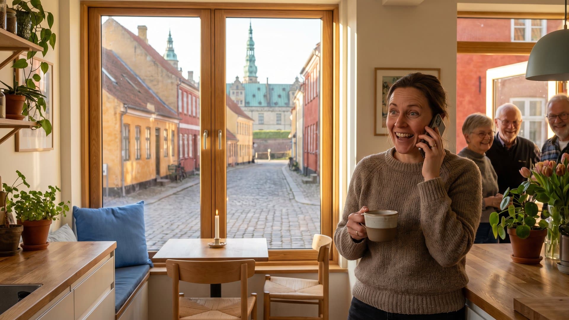 En kvinde i sit køkken, glad for det hun hører i telefonen