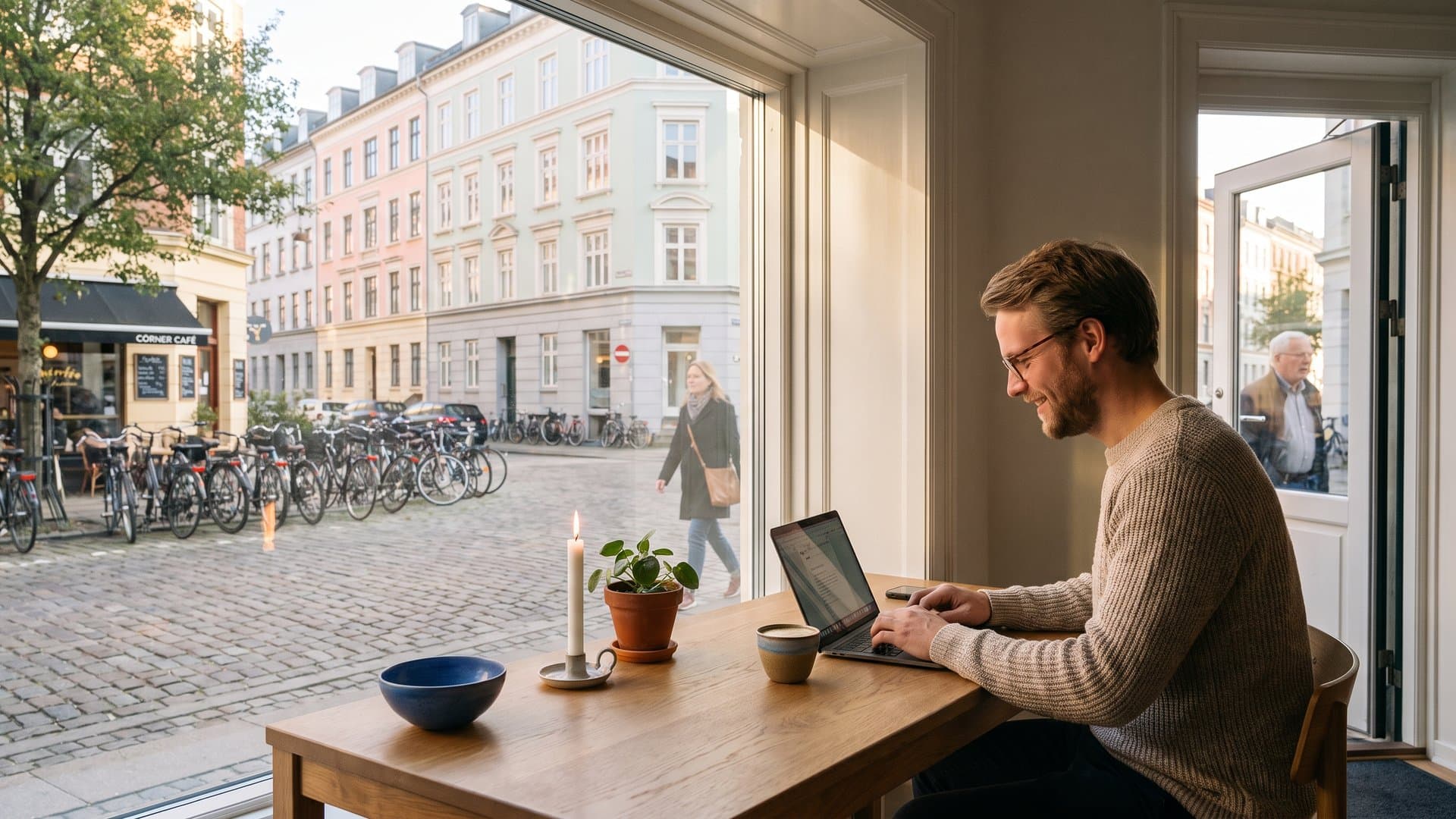En udvikler arbejder ved et egetræsbord ved et stort vindue