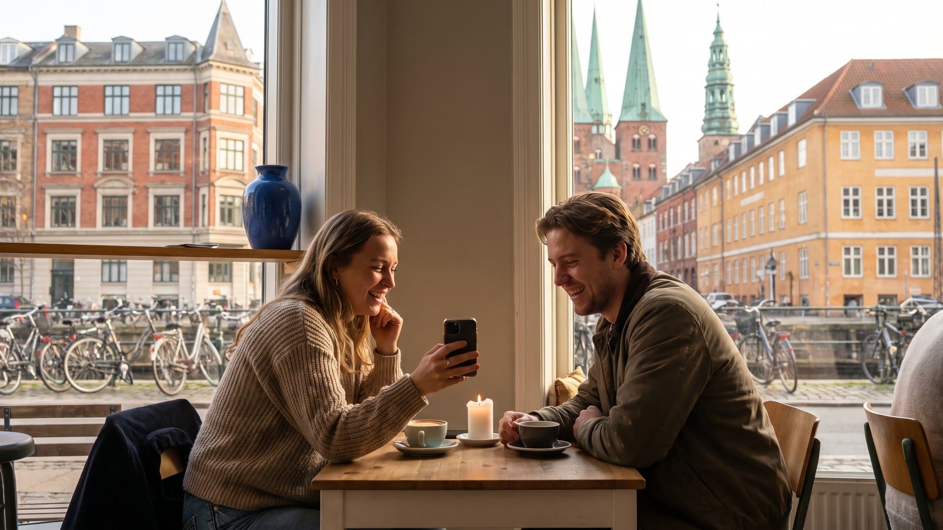 To venner med egen virksomhed snakker over en kop kaffe