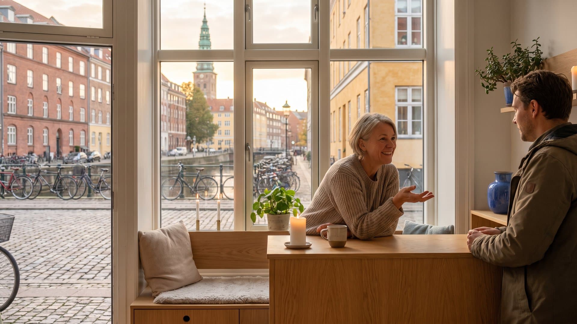 En receptionist svarer smilende på en kundes spørgsmål