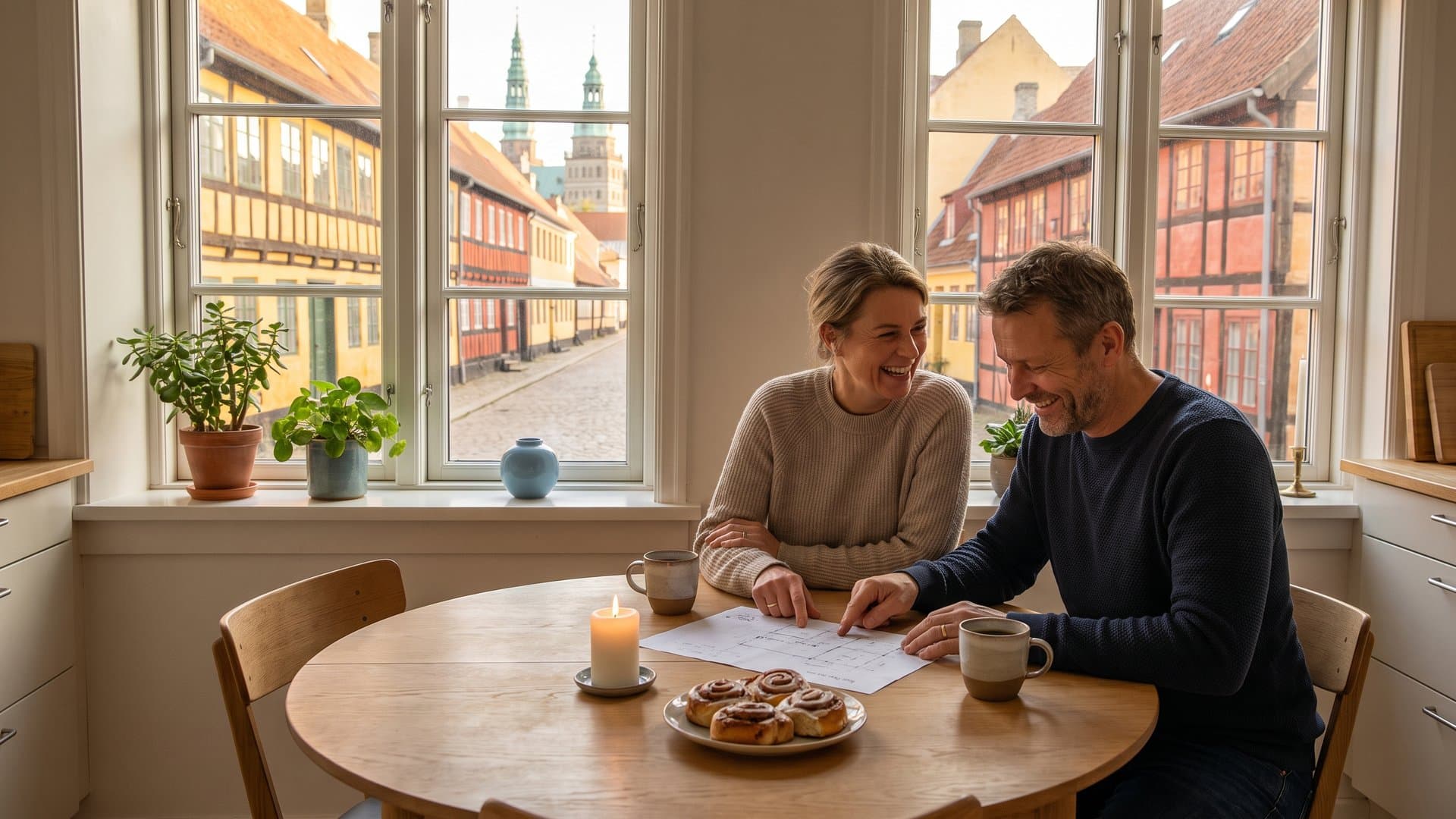 Et par, der driver et lille bageri, gennemgår en enkel plan over en kop kaffe