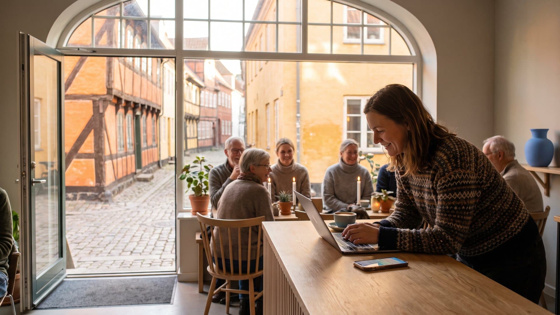 En caféejer sætter det hele op på sin bærbare, mens telefonen lyser op