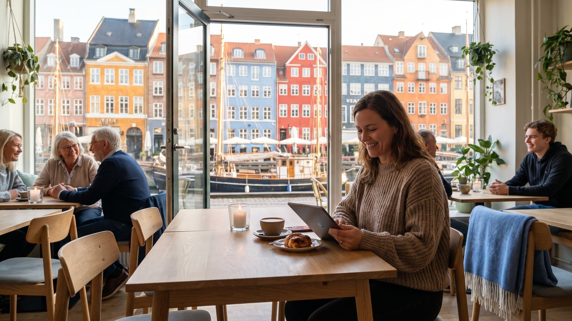 En selvstændig læser artikler på en tablet med kaffe og wienerbrød på en hyggelig café
