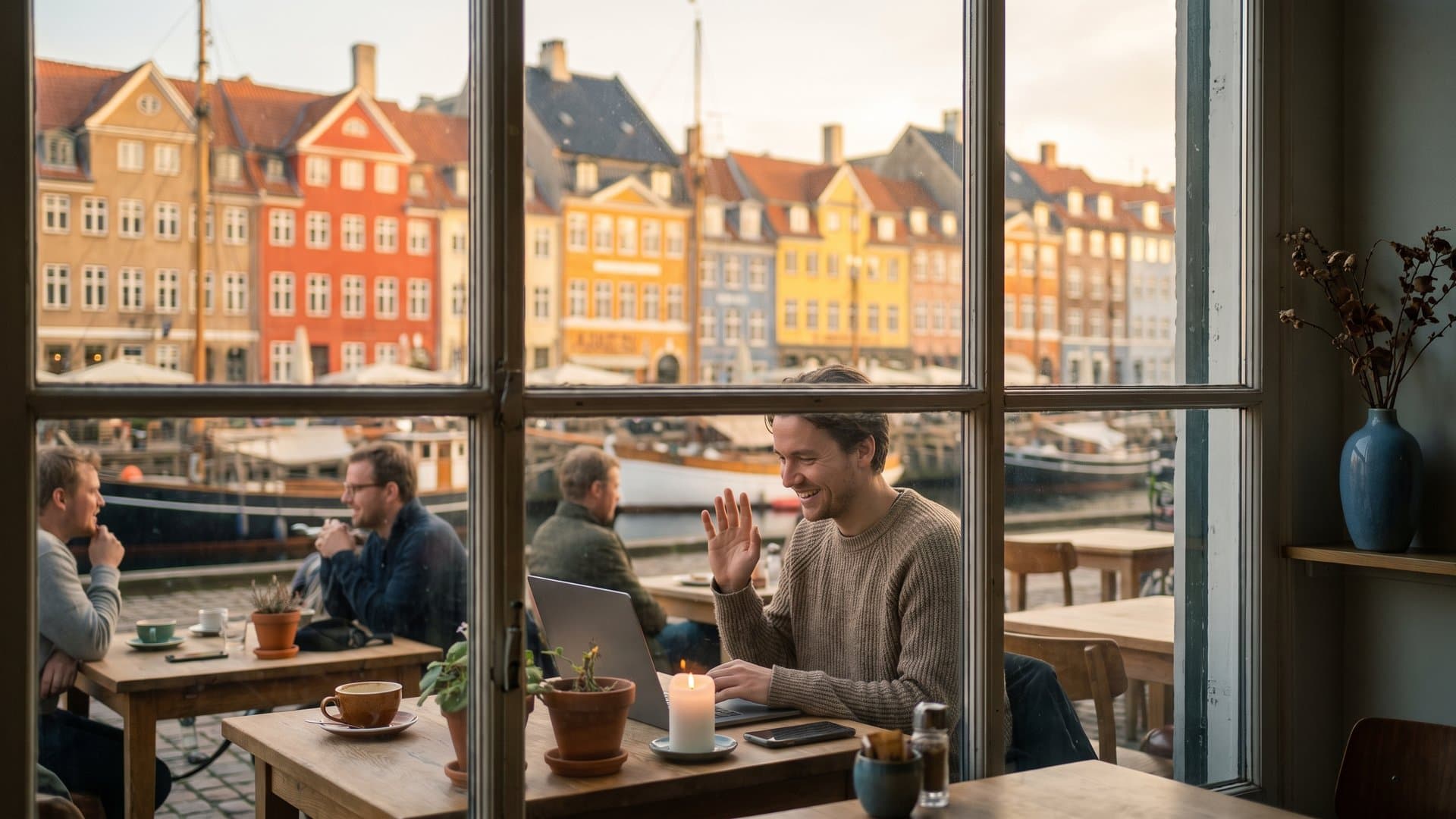Et hyggeligt vindue med bærbar, telefon, et tændt lys og en kop kaffe
