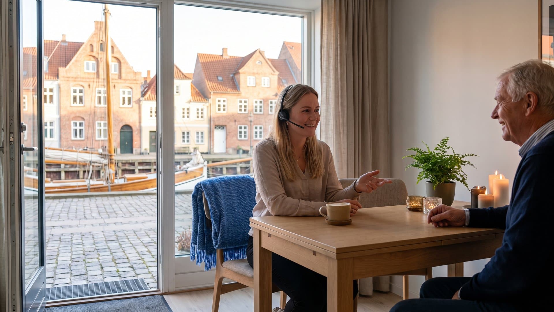 En venlig supportmedarbejder med headset hjælper en kunde