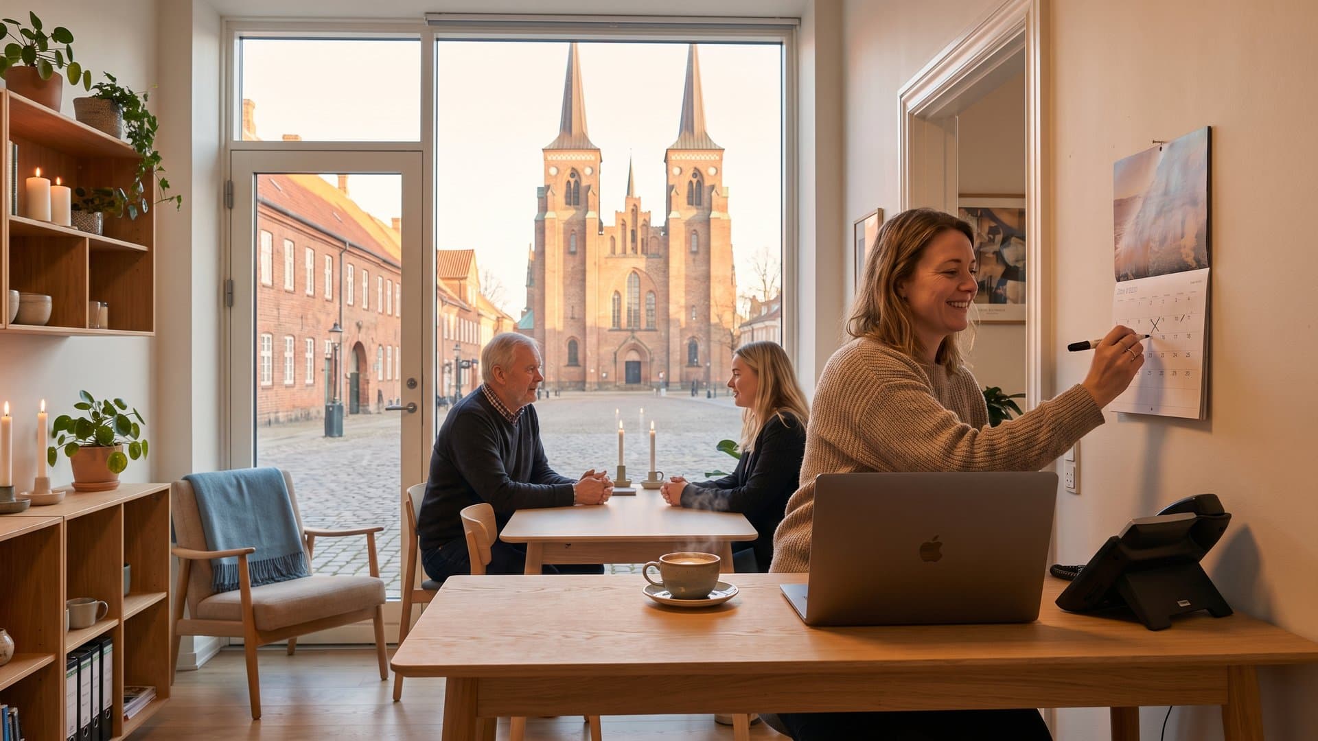 Et ryddeligt lille kontor med bærbar, vægkalender og telefon