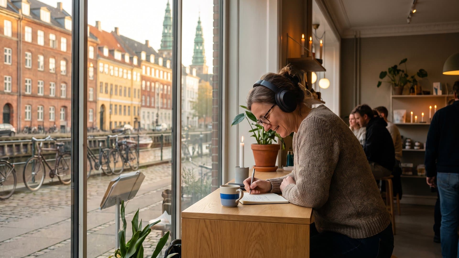 En butiksejer lytter til et opkald med høretelefoner og tager noter