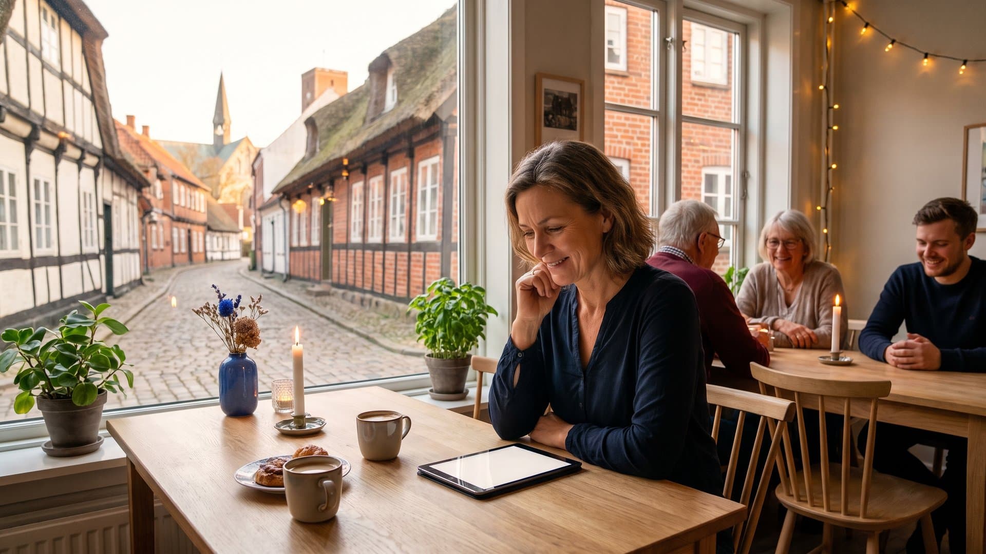 En selvstændig sammenligner to muligheder på en tablet ved et cafébord