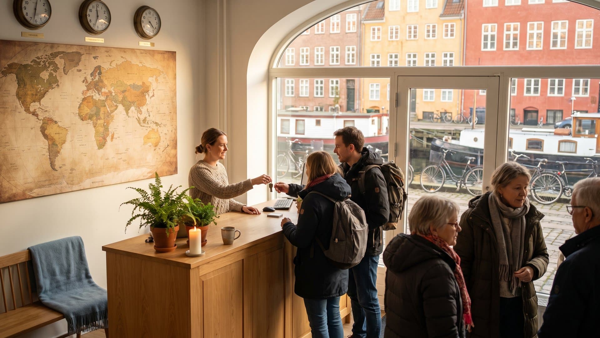 Receptionen på et lille hotel med et gammelt verdenskort på væggen